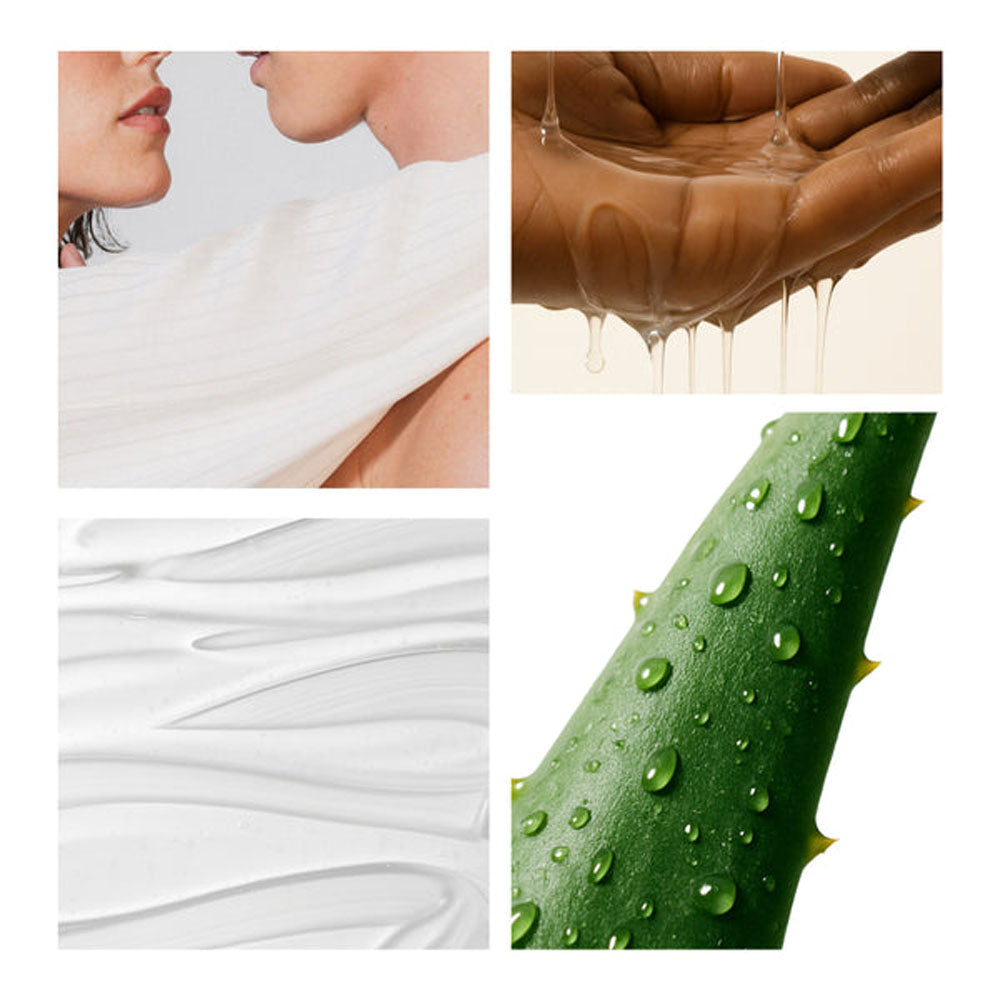 Image collage showcasing JO Aloe water based aloe lubricant with textures and aloe plant details.