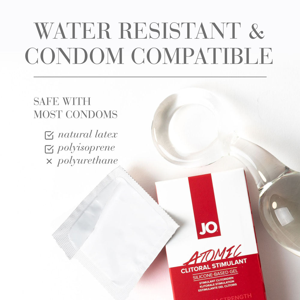 JO Atomic Clitoral Gel - Stimulating Gel for Women - 10 ml Tube packaging with water resistant and condom compatible features.