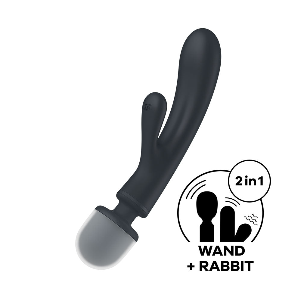Satisfyer Triple Lover grey USB rechargeable rabbit vibrator and massage wand for versatile pleasure.