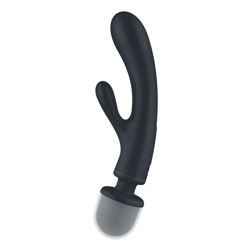 Satisfyer Triple Lover - USB rechargeable rabbit vibrator and massage wand in grey, showcasing its versatile design.