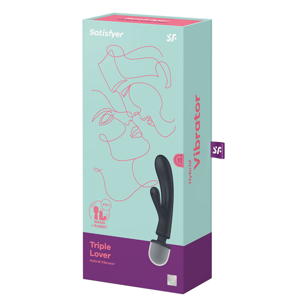 Satisfyer Triple Lover packaging featuring a grey USB rechargeable rabbit vibrator and massage wand design.