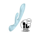 Satisfyer Triple Oh, a USB rechargeable rabbit vibrator for G-spot and clitoral stimulation, featuring a massage wand.
