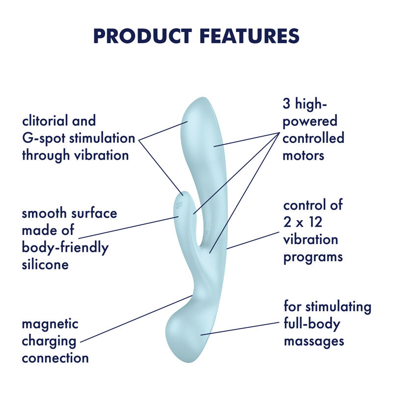 Product features of the Satisfyer Triple Oh USB rechargeable rabbit vibrator, highlighting motors and silicone surface.