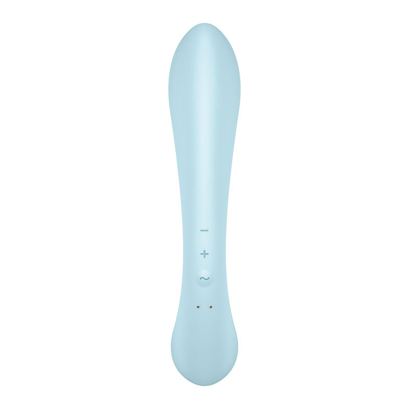 Satisfyer Triple Oh light USB rechargeable rabbit vibrator in blue, featuring three powerful motors and adjustable settings.