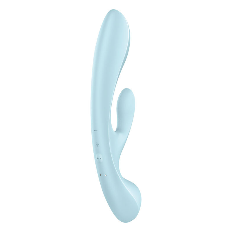 Satisfyer Triple Oh USB rechargeable rabbit vibrator with dual motors and sleek design for enhanced pleasure.