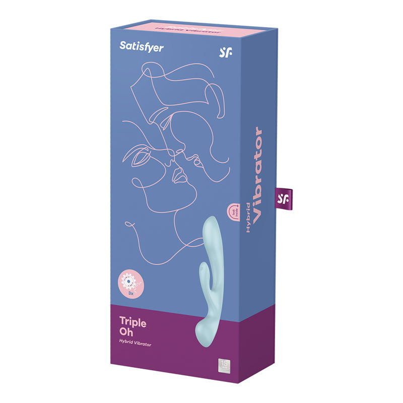 Satisfyer Triple Oh packaging featuring a rechargeable rabbit vibrator suitable for G-spot and clitoral stimulation.