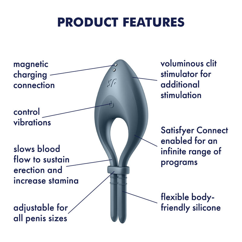Product features of Satisfyer Bullseye - Navy - Navy Vibrating Adjustable Lasso Cock Ring, including adjustable sizes and clit stimulator.