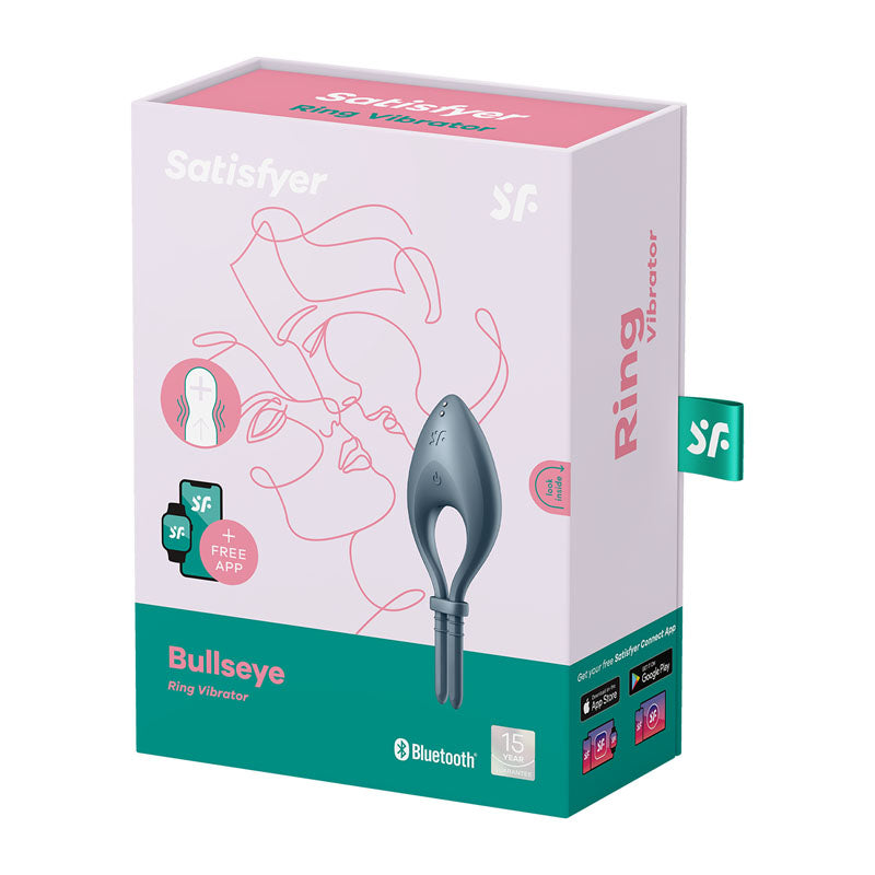 Satisfyer Bullseye - Navy - Navy Vibrating Adjustable Lasso Cock Ring packaging showing its features and design.