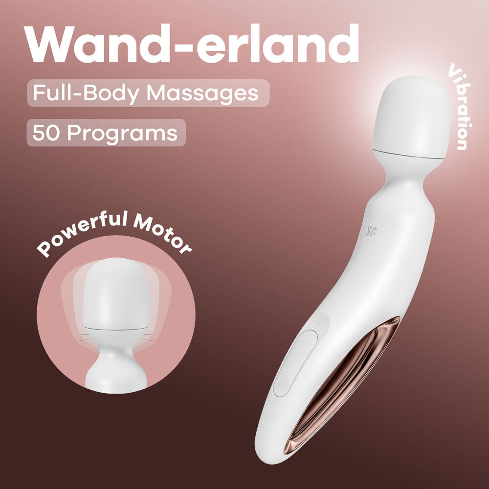 Satisfyer Wand-erland Rose Gold USB rechargeable massage wand with 50 programs and powerful motor for full-body massages.