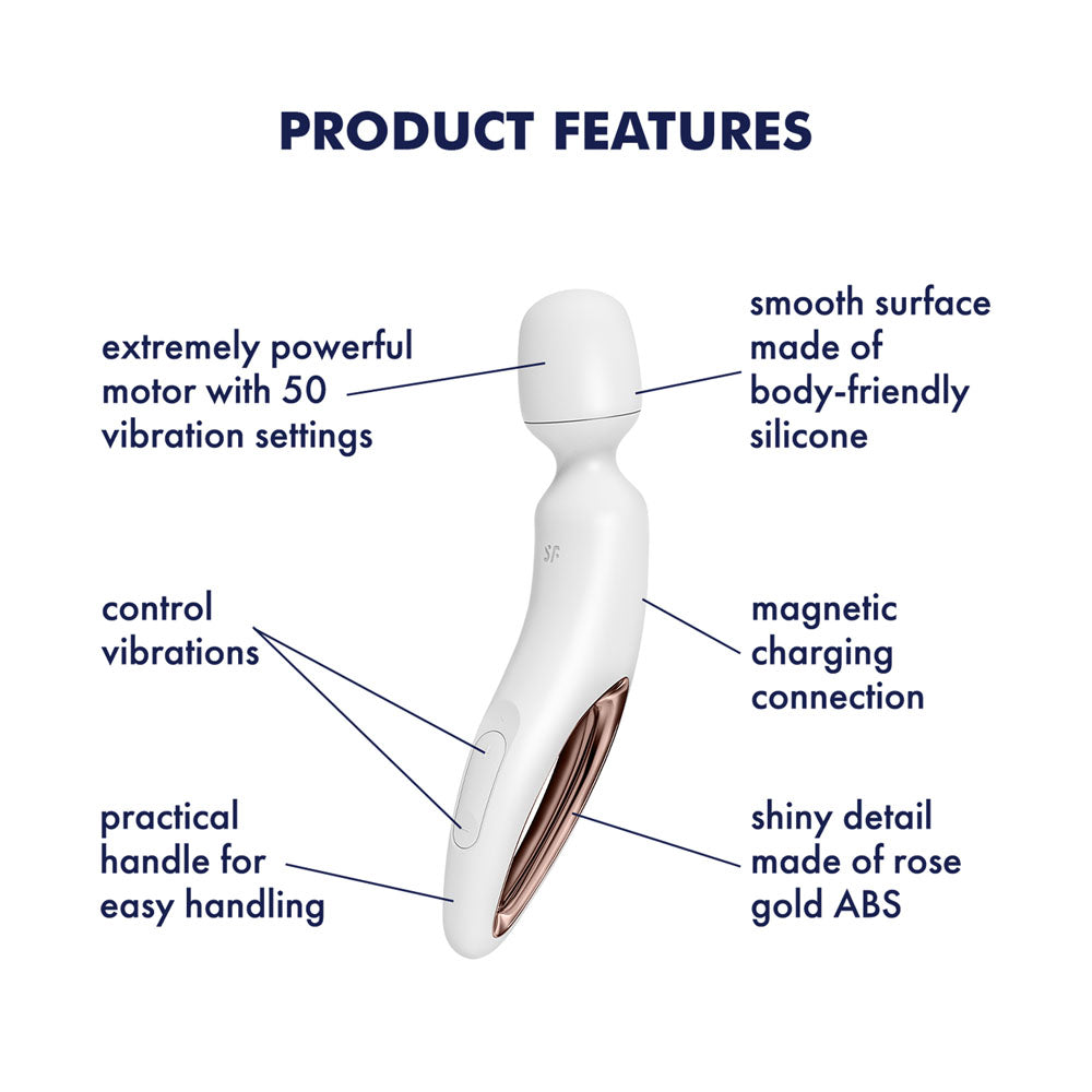 Satisfyer Wand-erland features USB rechargeable massage wand with powerful motor, body-friendly silicone, and rose gold ABS detail.