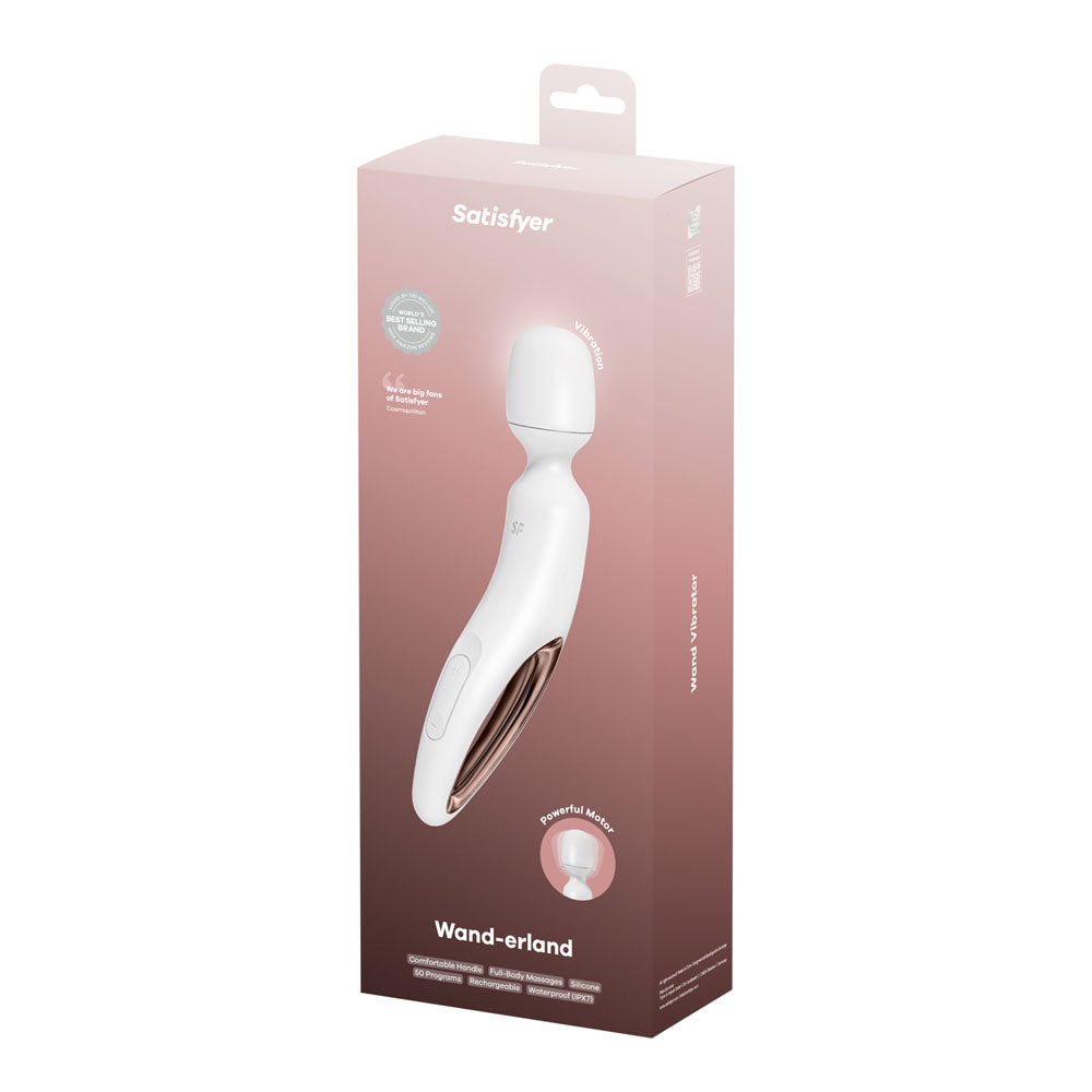 Satisfyer Wand-erland packaging featuring a USB rechargeable massage wand in rose gold.
