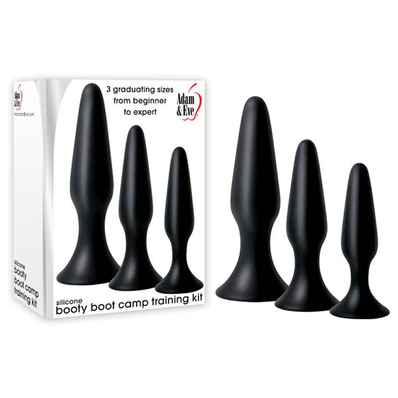 Adam & Eve silicone booty boot camp training kit with 3 graduated sizes of butt plug training kit for anal exploration.