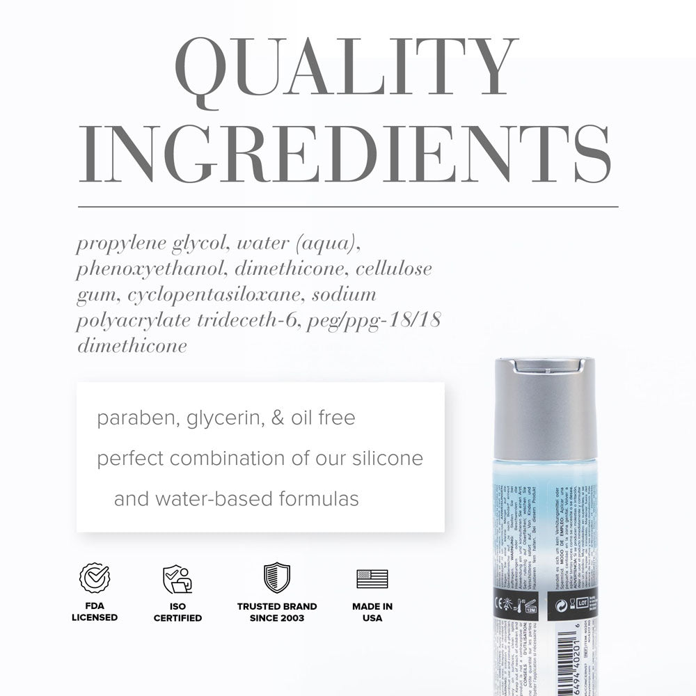 Jo Classic Hybrid - Hybrid Lubricant - 60 ml Bottle quality ingredients list including propylene glycol and dimethicone.