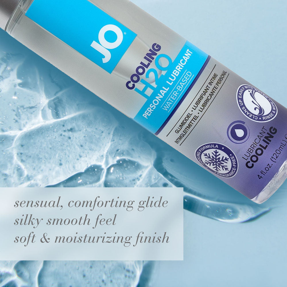 JO H2O Cooling Lube, 60 mL water based cooling lubricant for a silky-smooth feel and refreshing sensation.