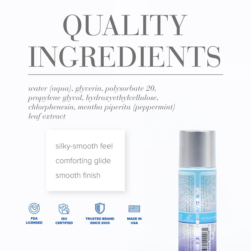 Quality ingredients for JO H2O Cooling Lube, a water based cooling lubricant providing a silky-smooth feel.
