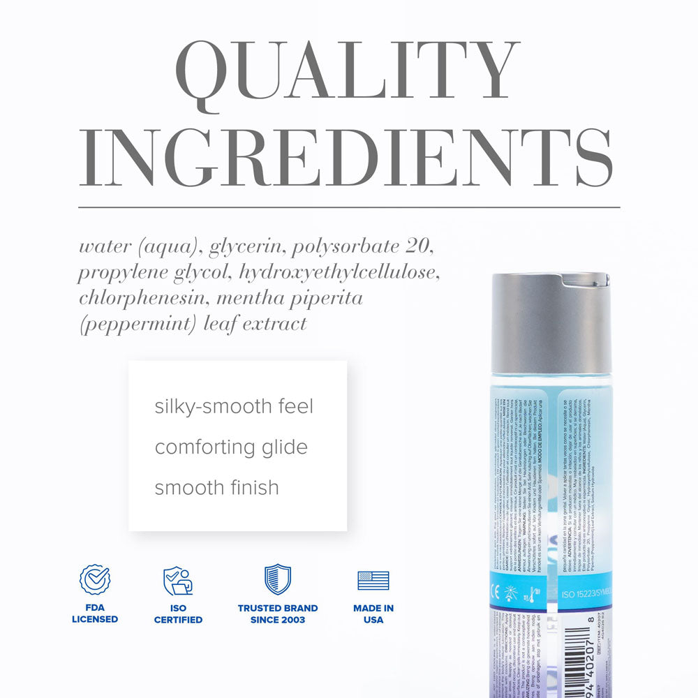 JO H2O cooling lube quality ingredients list - water-based cooling lubricant features silky-smooth feel and comforting glide.