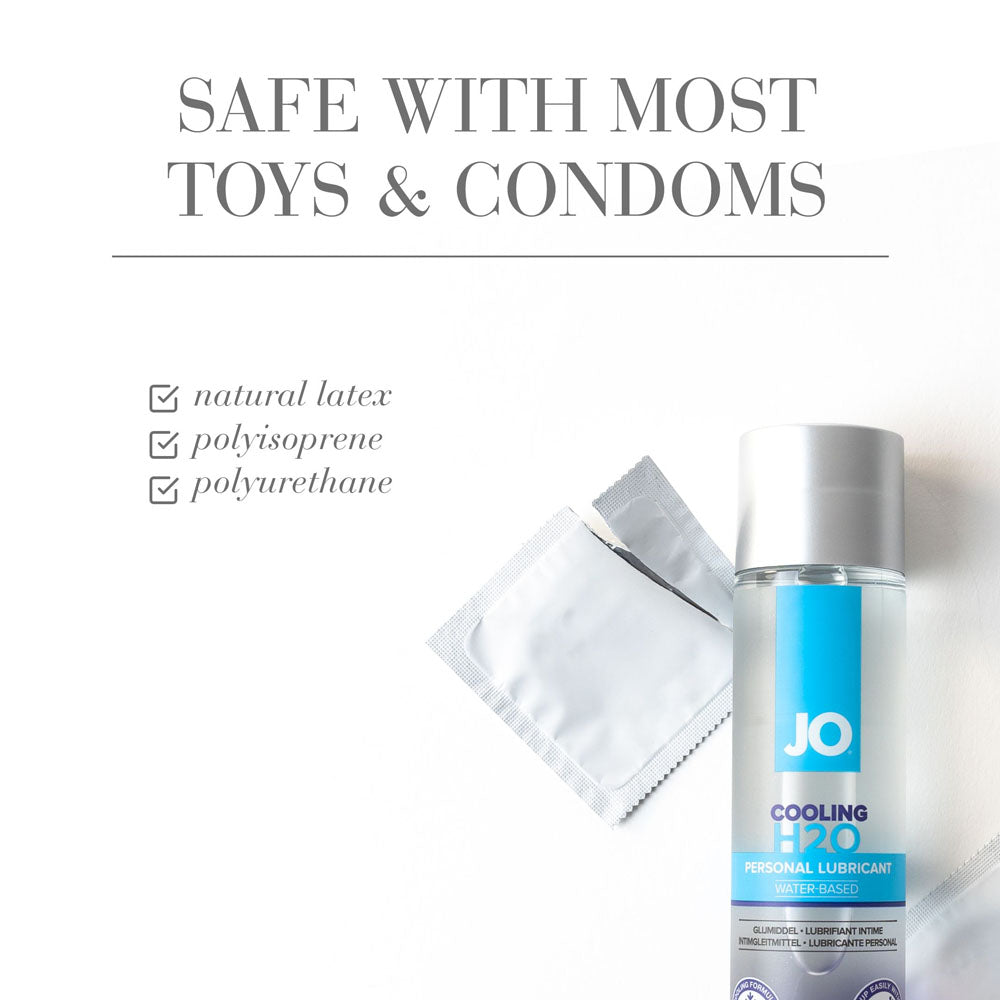 JO H2O Cooling Lube - 120 mL bottle next to condom, highlighting water-based cooling lubricant safety with toys and condoms.