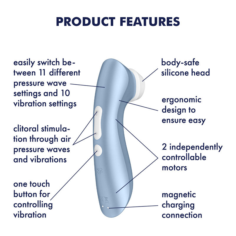 Satisfyer Pro 2+ - Touch-Free USB-Rechargeable Clitoral Stimulator with Vibration features and controls.