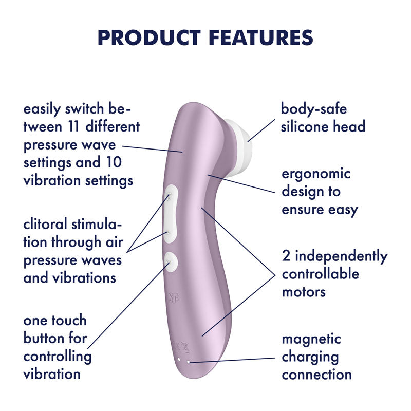 Satisfyer Pro 2+  -  Touch-Free USB-Rechargeable Clitoral Stimulator with Vibration product features including silicone head.