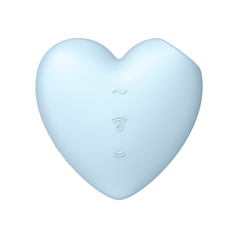 Satisfyer Cutie Heart USB rechargeable air pulsation vibrator in soft blue color, featuring control buttons on the surface.
