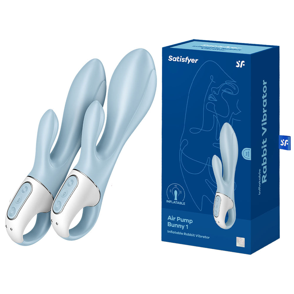 Satisfyer Air Pump Bunny 1 next to its packaging, showcasing the inflatable rabbit vibrator design.