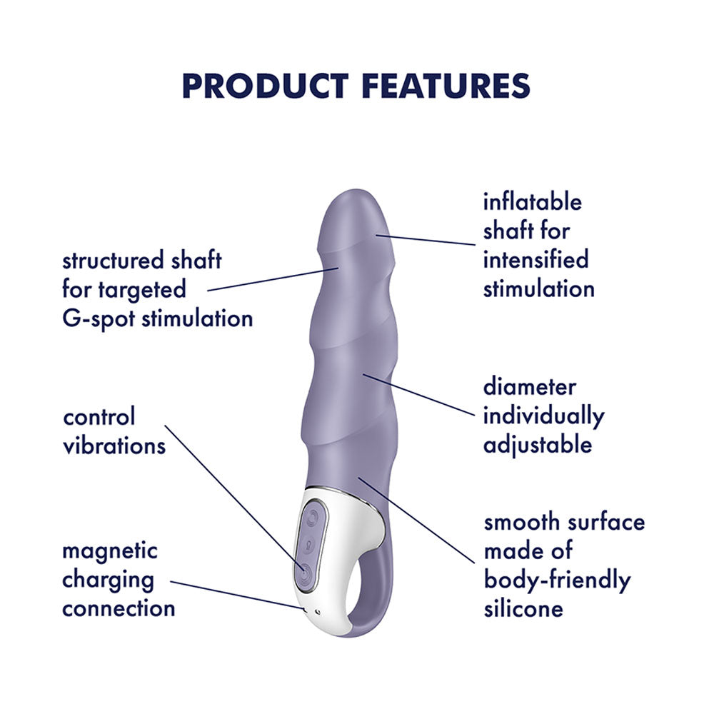 Product features of Satisfyer Air Pump Vibrator 1, highlighting its inflatable G-Spot vibrator capabilities and unique design.