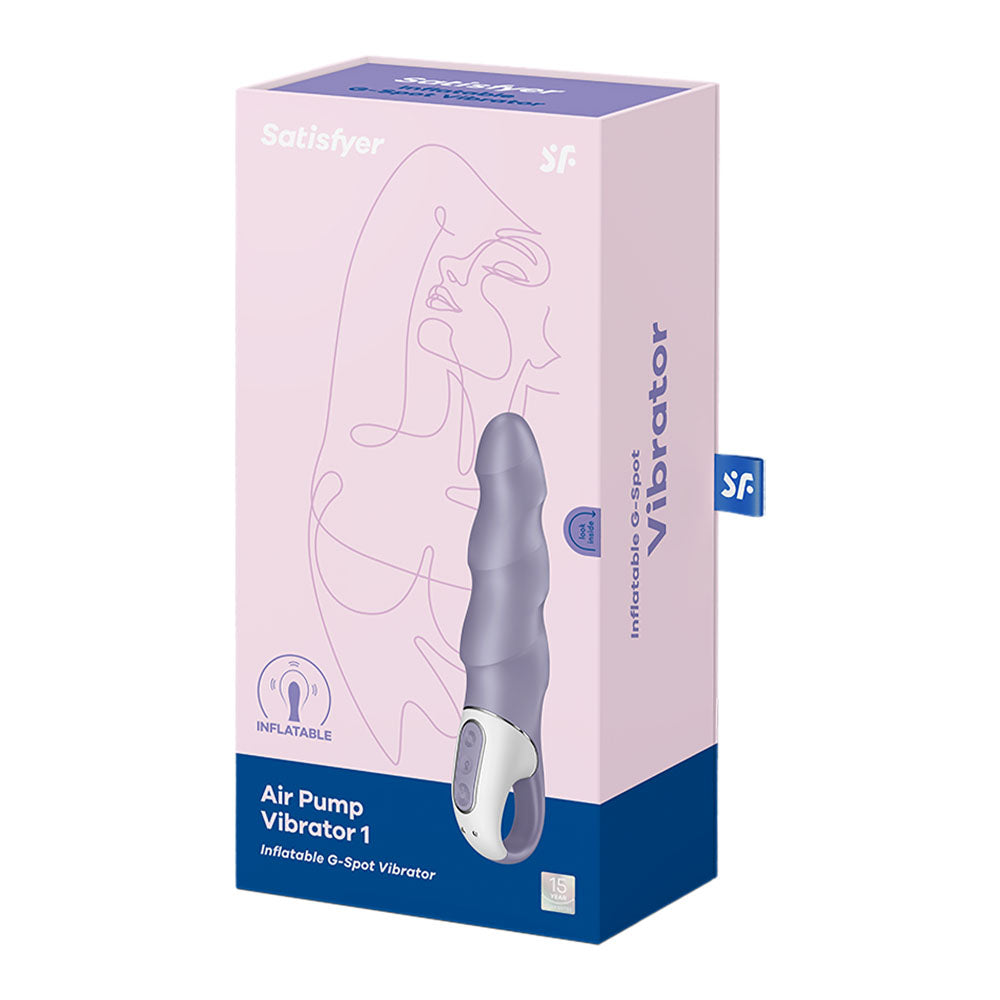 Satisfyer Air Pump Vibrator 1 packaging showcasing an inflatable G-Spot vibrator in lilac color.