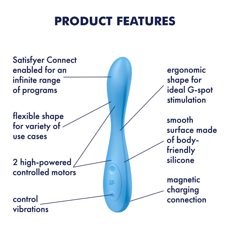 Satisfyer G-Spot Flex 4 features, ergonomic USB rechargeable G-spot vibrator with flexible shape and silicone surface.