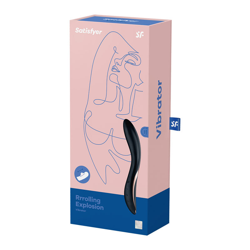 Satisfyer Rrrolling Explosion packaging for G-spot rechargeable vibrator with sleek design and modern graphic.