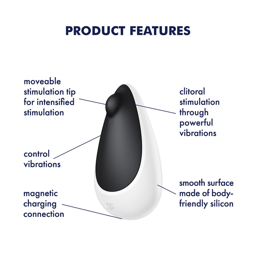 Satisfyer Spot On 3 product features highlighting USB rechargeable clitoral stimulator functions and design.