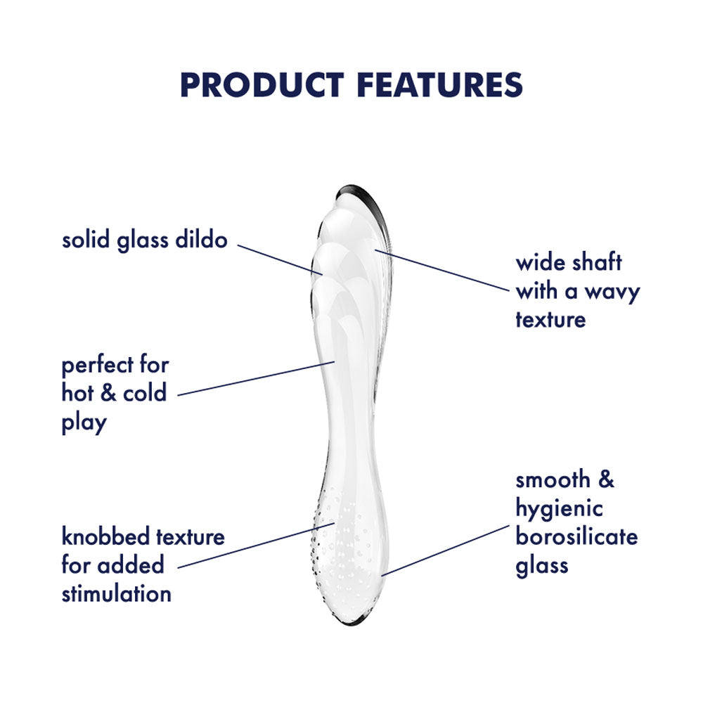 Satisfyer Dazzling Crystal 1 glass double ended dildo featuring smooth borosilicate glass and textured surfaces.
