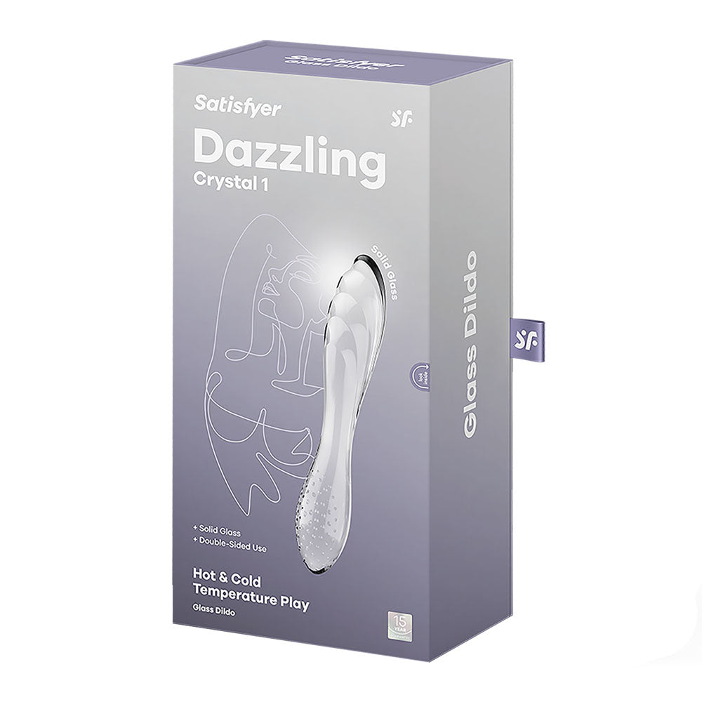 Satisfyer Dazzling Crystal 1 packaging featuring a glass double ended dildo for hot and cold temperature play.