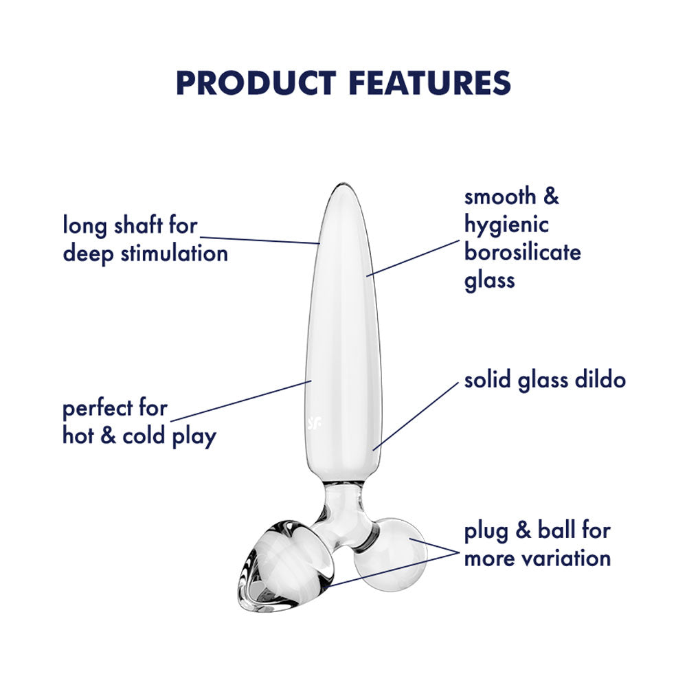 Satisfyer Triple Crystal 1 -  -  Glass 3-in-1 Butt Plug showcasing product features like borosilicate glass.