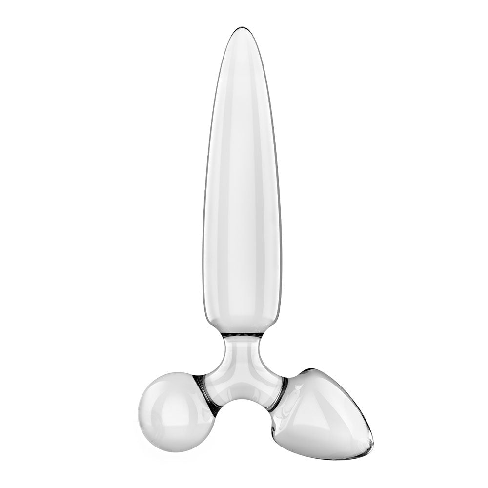 Satisfyer Triple Crystal 1 -  -  Glass 3-in-1 Butt Plug showcasing its sleek design and three stimulating shafts.