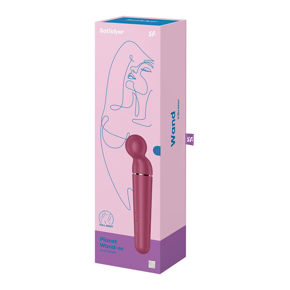 Satisfyer Planet Wand-er - Berry - Berry/Rose Gold USB Rechargeable Massager Wand packaging and design.