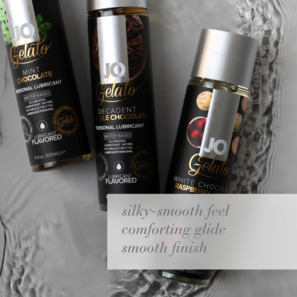 JO Gelato Decadent Double Chocolate Lubricant - 120 mL - Chocolate Flavoured Water Based Lubricant - 120 ml Bottle with mint and white chocolate lubricants.