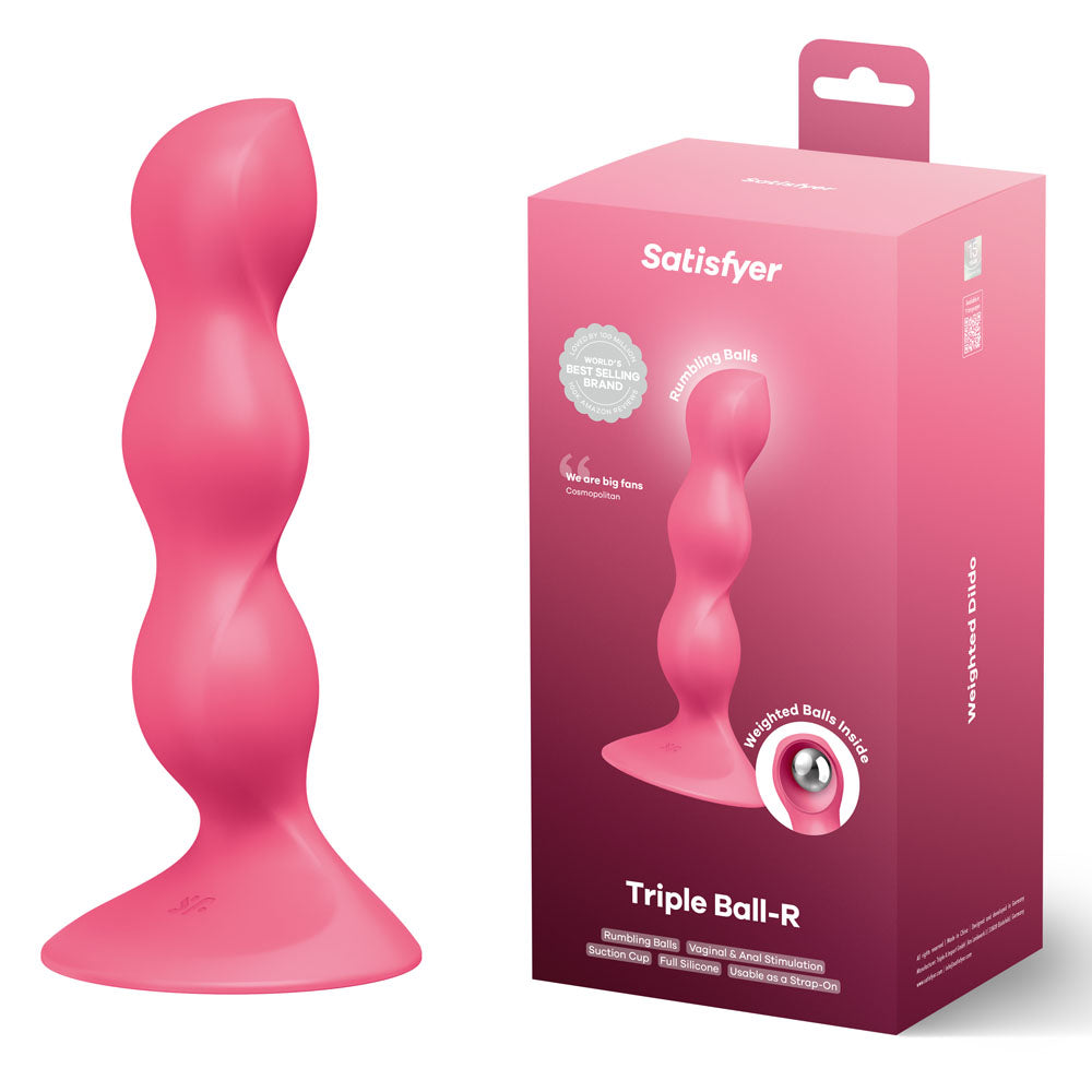 Satisfyer Triple Ball-R -  -  18 cm Beaded and Weighted Dildo in pink, displayed with its packaging.
