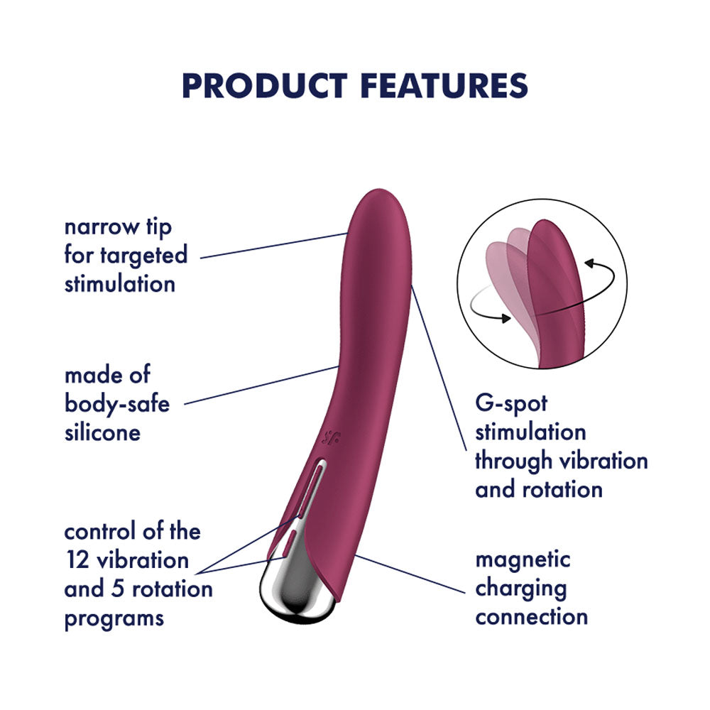 Satisfyer Spinning Vibe 1 -  -  17.8 cm USB Rechargeable Rotating Vibrator features, silicone, narrow tip, vibration, rotation.
