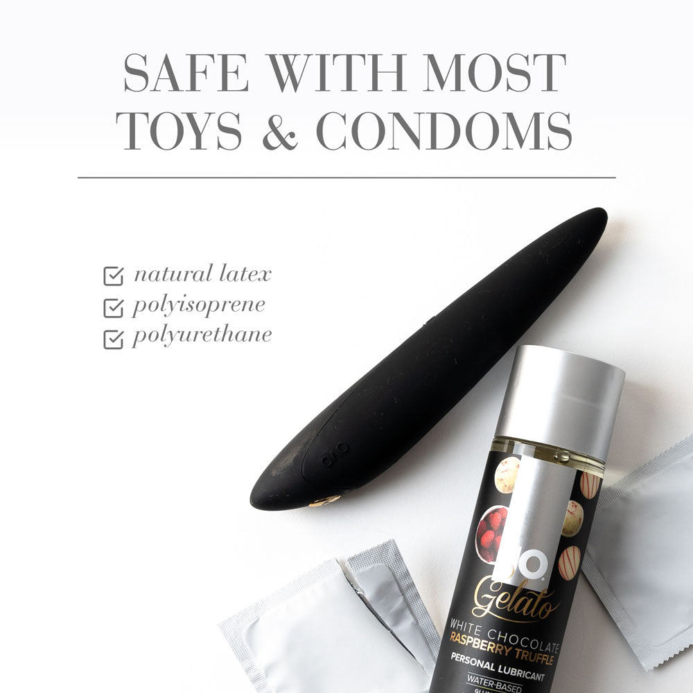 JO Gelato White Chocolate Raspberry Lube - 120 mL - White Chocolate Raspberry Flavoured Water Based Lubricant - 120 ml Bottle next to a vibrating toy.