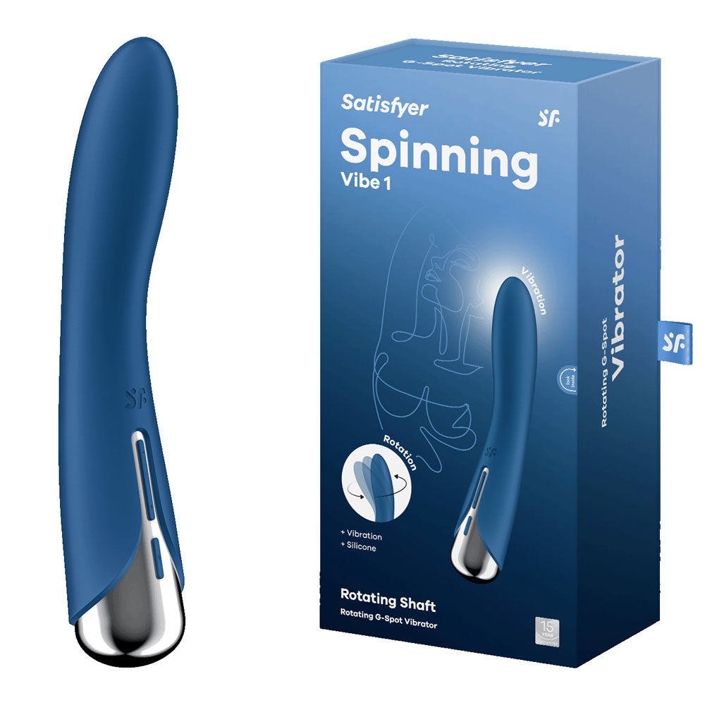 Satisfyer Spinning Vibe 1 -  -  17.8 cm USB Rechargeable Rotating Vibrator with box showcasing features.