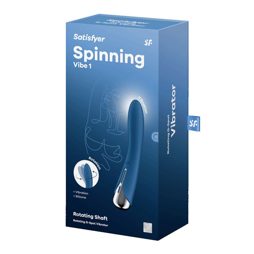 Satisfyer Spinning Vibe 1 -  -  17.8 cm USB Rechargeable Rotating Vibrator packaging with features highlighted.
