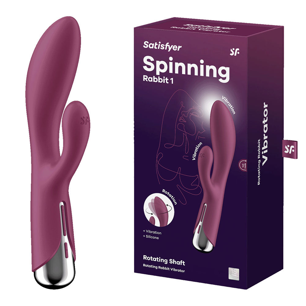 Satisfyer Spinning Rabbit 1 -  -  20 cm USB Rechargeable Rotating Rabbit Vibrator with package, showcasing intimate essentials for her.