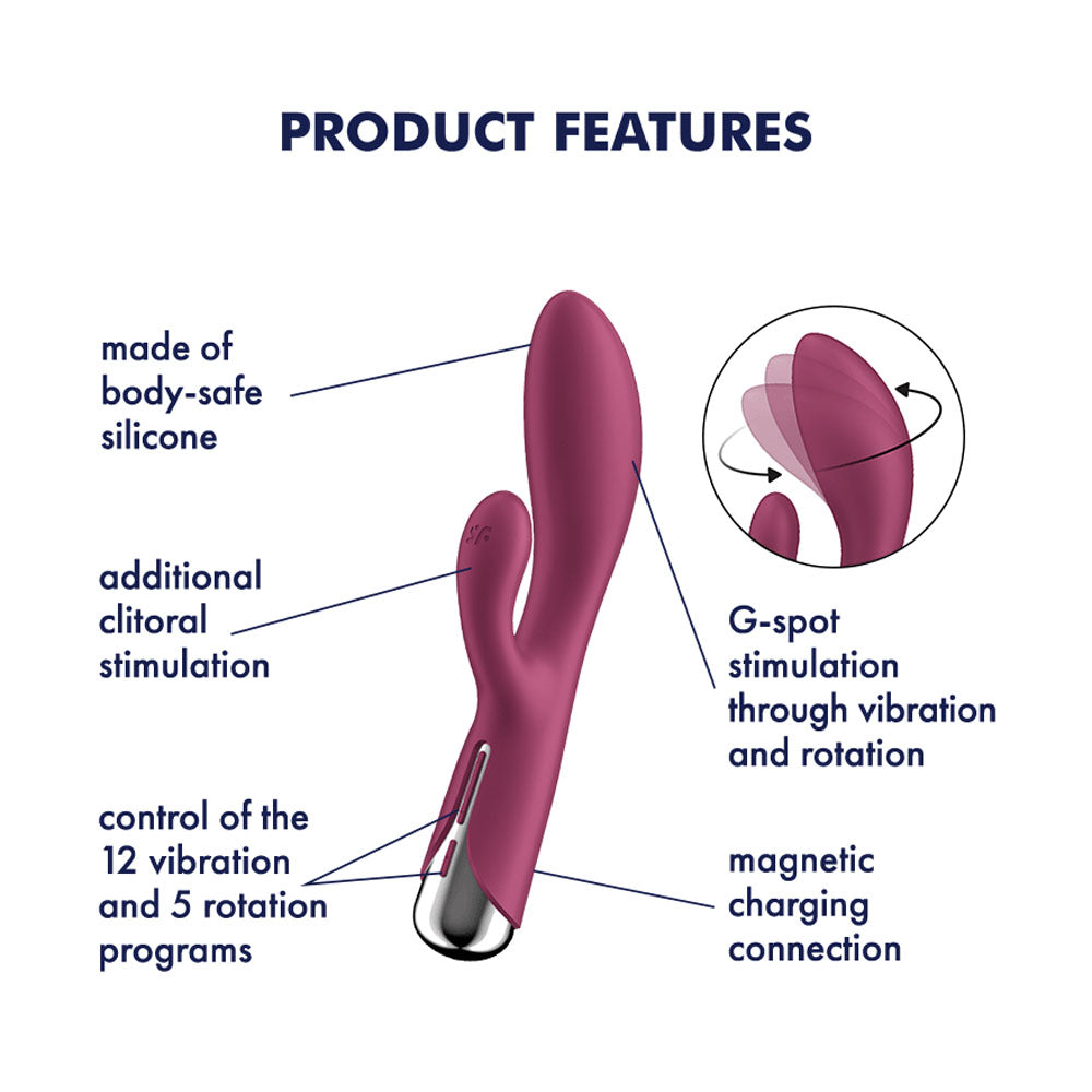 Satisfyer Spinning Rabbit 1 -  -  20 cm USB Rechargeable Rotating Rabbit Vibrator features, including silicone material and magnetic charging.