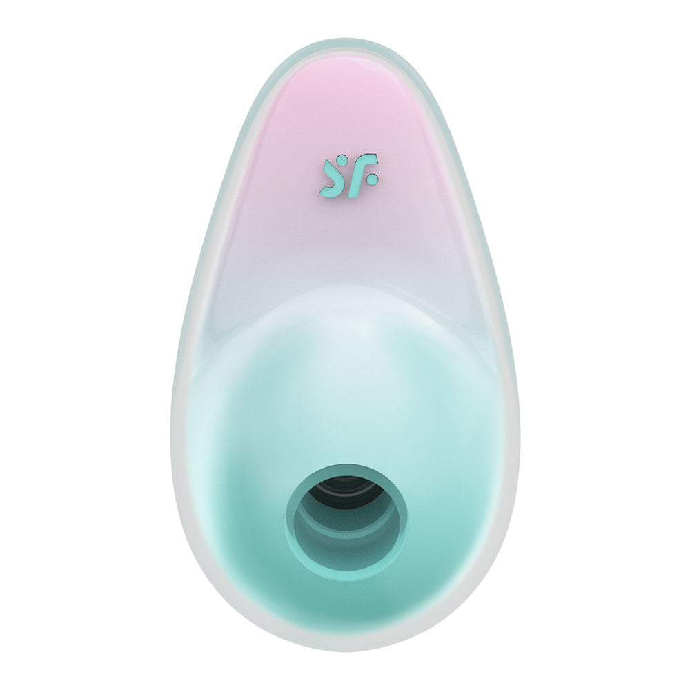Satisfyer Pixie Dust - Mint/Pink - Mint/Pink USB Rechargeable Vibrating Air Pulse Stimulator top view on white background.