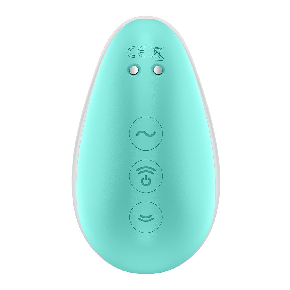 Satisfyer Pixie Dust - Mint/Pink - Mint/Pink USB Rechargeable Vibrating Air Pulse Stimulator controls and design in mint green.