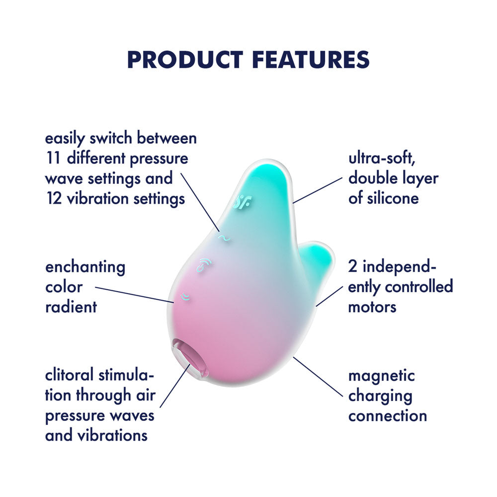 Satisfyer Mermaid Vibes - Mint/Pink - Mint/Pink USB Rechargeable Air Pulse Stimulator product features image with specifications.