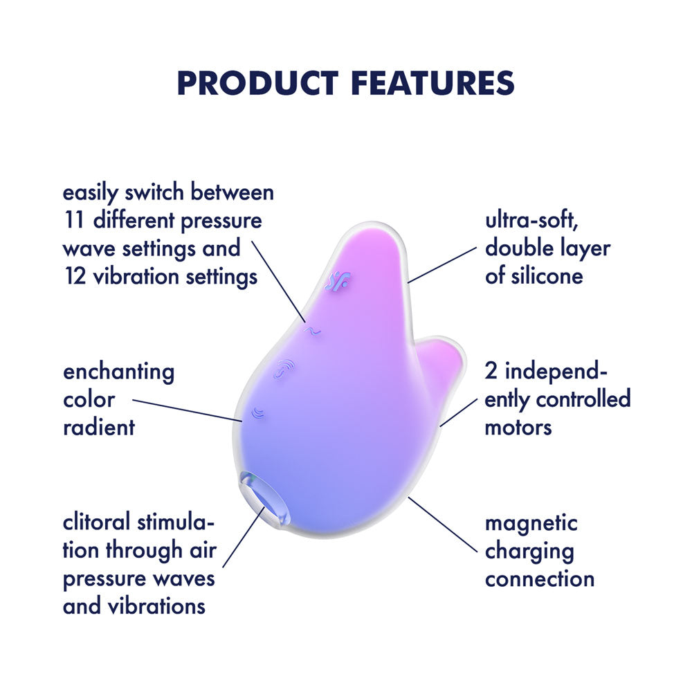 Satisfyer Mermaid Vibes - Violet/Pink - Violet/Pink USB Rechargeable Air Pulse Stimulator product features highlight 11 pressure wave and 12 vibration settings.