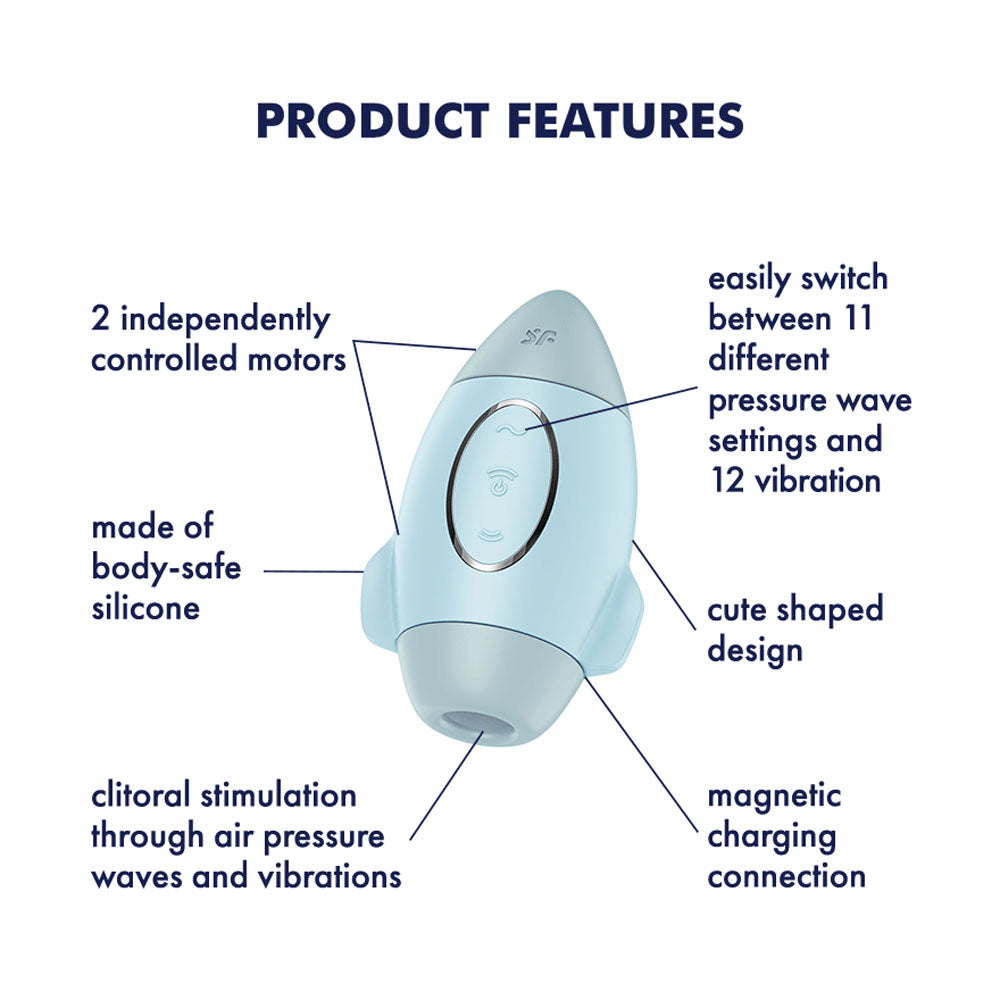 Satisfyer Mission Control -  -  USB Rechargeable Vibrating Air Pulse Stimulator product features showing design and functionality.