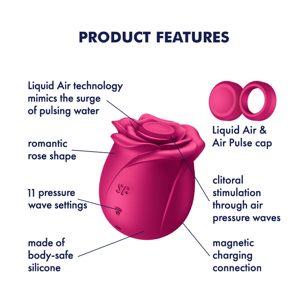 Satisfyer Pro 2 Classic Blossom - USB Rechargeable Air Pulse Rose Stimulator features with romantic rose shape, silicone design, and pressure wave settings.