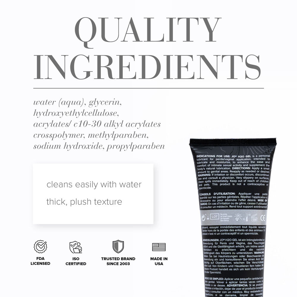 JO H2O Gel Original Lube - 120 mL - Thick Water Based Lubricant - 120 ml Tube quality ingredients information and features